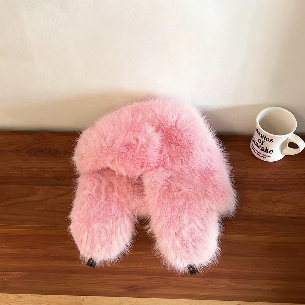 INS Fashion Faux Fur pilot Hat Bomber hat women ski cap winter hat faux fur Trapper hat thickened warm шапка ушанка
