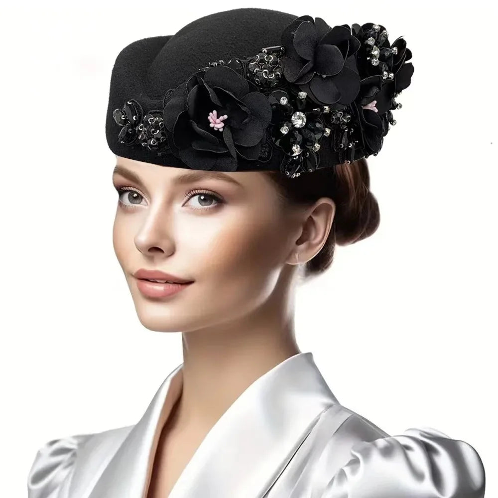 Beret Hats for Women British Felt hat stewardess Church Derby Headdress Women's Floral hat Suitable for Wedding Parties Events