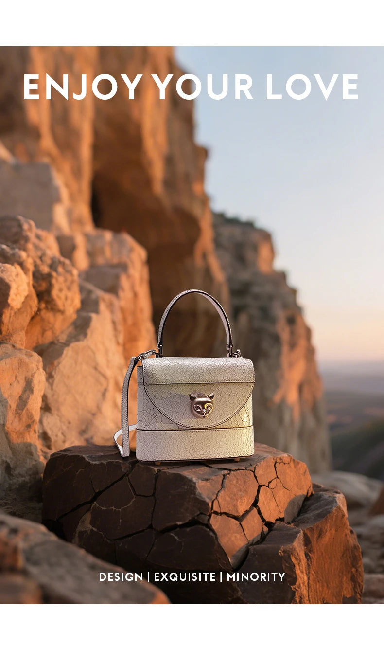 BAFELLI 2026 New Arrival: Unique Cracked Leather Shoulder Bag with Cat Head Design, Luxury Brand Mini Crossbody Bag