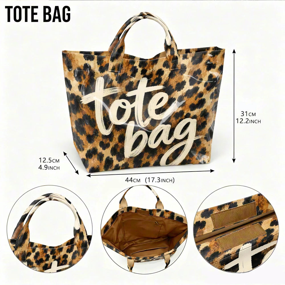 Retro Leopard Print Tote Bag with Zipper Pocket