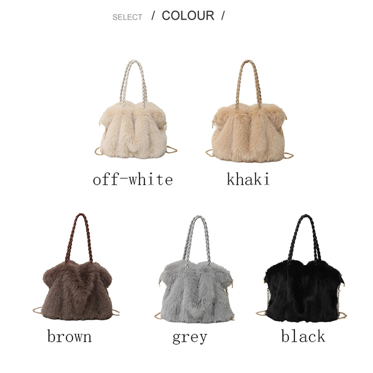 Plush Pleated Faux Fur Large Tote – High-End Crossbody with Metal Chain