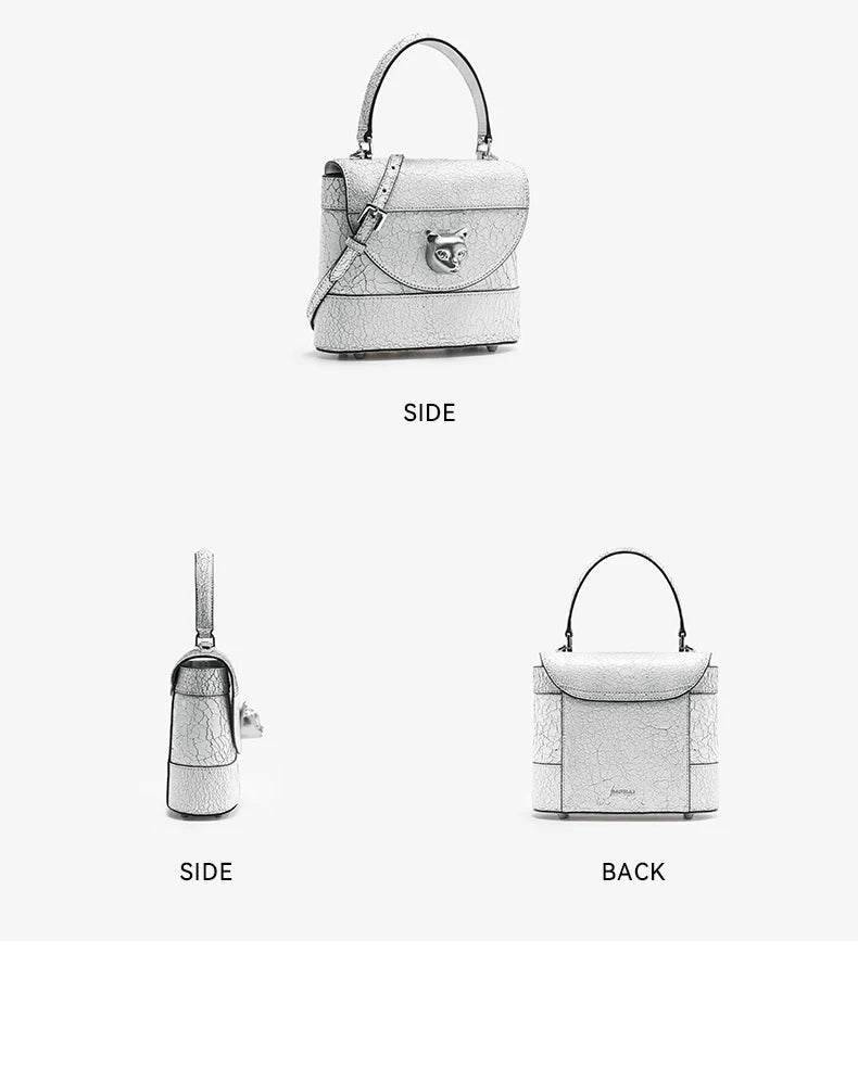 BAFELLI 2026 New Arrival: Unique Cracked Leather Shoulder Bag with Cat Head Design, Luxury Brand Mini Crossbody Bag