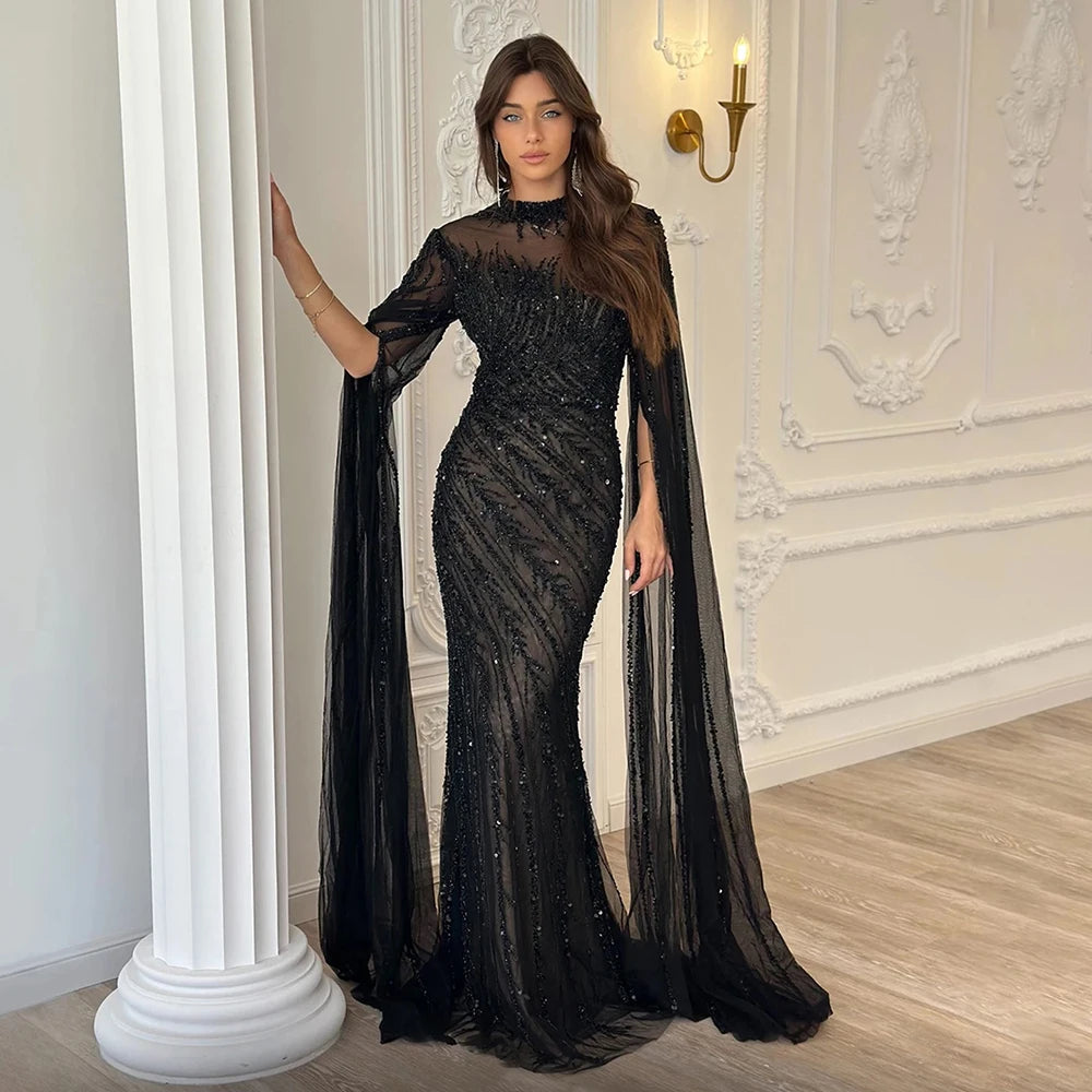 Luxury Beaded Mermaid Evening Gown | Cape Sleeve