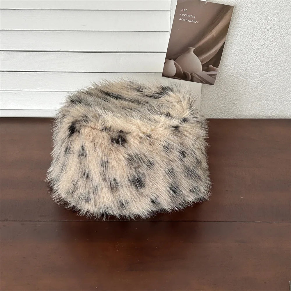 Faux Fur Hat for women for Winter leopard print hat Thickened Russian warm hat women Personality mongolian hat Fishermen Hat