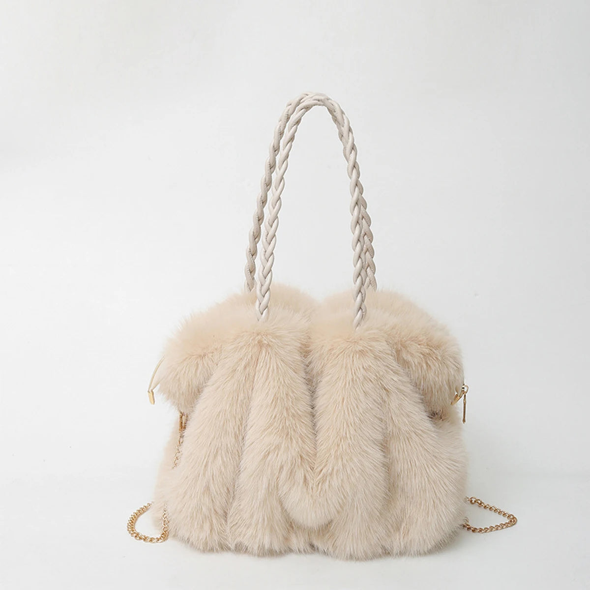 Plush Pleated Faux Fur Large Tote – High-End Crossbody with Metal Chain