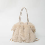 Plush Pleated Faux Fur Large Tote – High-End Crossbody with Metal Chain