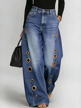 Wide-Leg Metallic Eyelet Jeans – High-Waist Denim