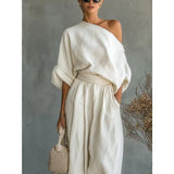 2026 Summer One Shoulder Linen Two Piece Set Women Roll Up Sleeve Waist Belt High Waist Lantern Pants White Breathable Casual Daily Beach Vacation Resort Outfit For American Ladies