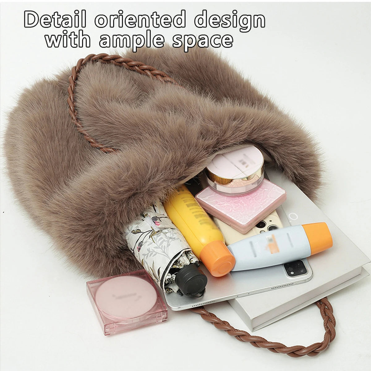 Plush Pleated Faux Fur Large Tote – High-End Crossbody with Metal Chain