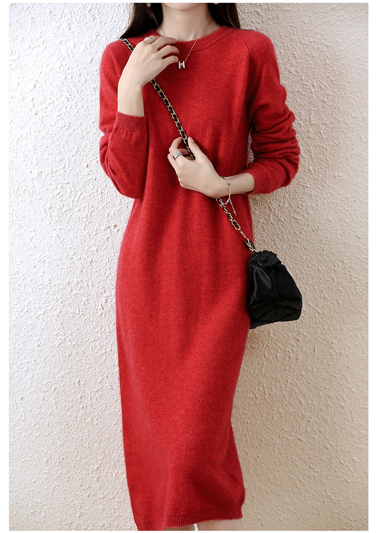100% Merino Wool Long-Sleeve Midi Sweater Dress