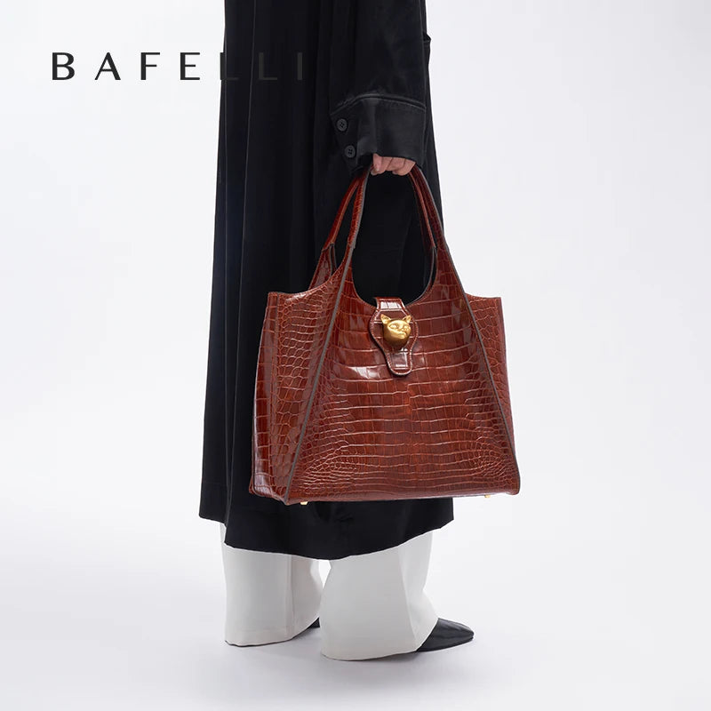 BAFELLI Croc-Embossed Genuine Leather Tote Bag