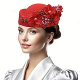 Beret Hats for Women British Felt hat stewardess Church Derby Headdress Women's Floral hat Suitable for Wedding Parties Events