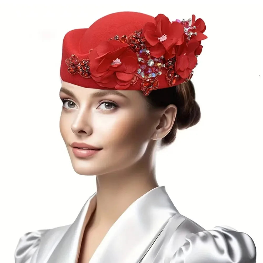 Beret Hats for Women British Felt hat stewardess Church Derby Headdress Women's Floral hat Suitable for Wedding Parties Events