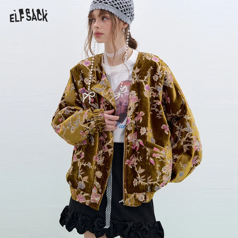 ELFSACK 2025 Gold Velvet Jacket Women's Winter Short Coat, Embroidered Goldfish Chinese Style Vintage Loose Padded Jacket
