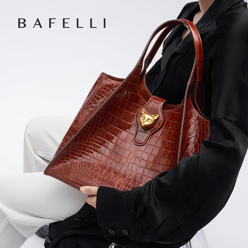 BAFELLI Croc-Embossed Genuine Leather Tote Bag