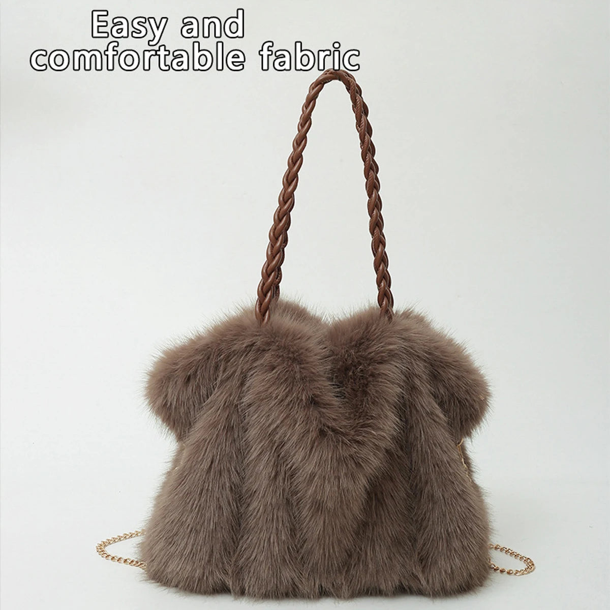 Plush Pleated Faux Fur Large Tote – High-End Crossbody with Metal Chain