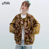 ELFSACK 2025 Gold Velvet Jacket Women's Winter Short Coat, Embroidered Goldfish Chinese Style Vintage Loose Padded Jacket