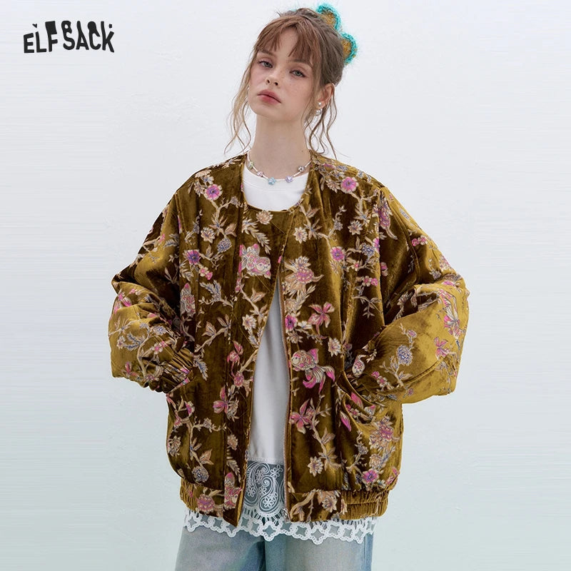 ELFSACK 2025 Gold Velvet Jacket Women's Winter Short Coat, Embroidered Goldfish Chinese Style Vintage Loose Padded Jacket