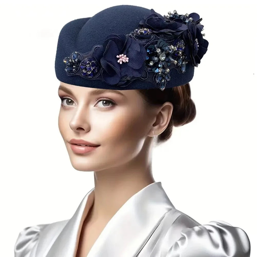Beret Hats for Women British Felt hat stewardess Church Derby Headdress Women's Floral hat Suitable for Wedding Parties Events