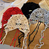 Bohemian tassel hand-knitted toe hat women's ethnic style vacation INS special beanies sweet cut-out versatile pullover hat