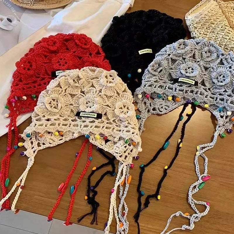 Bohemian tassel hand-knitted toe hat women's ethnic style vacation INS special beanies sweet cut-out versatile pullover hat