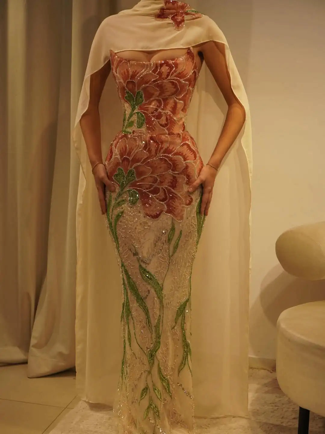 Embroidered Floral Sequin Mermaid Gown with Detachable Shawl