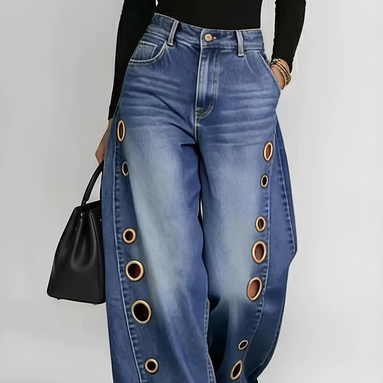 Wide-Leg Metallic Eyelet Jeans – High-Waist Denim