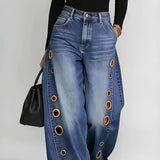Wide-Leg Metallic Eyelet Jeans – High-Waist Denim