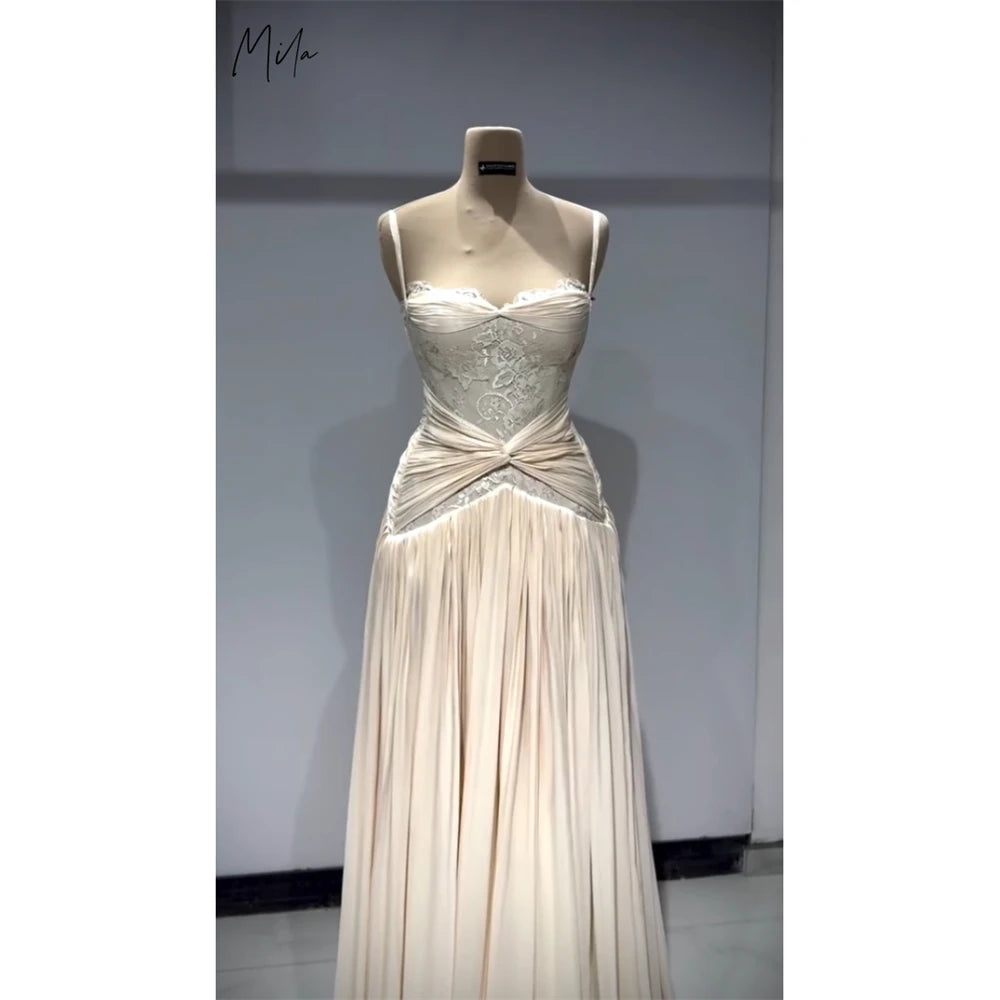 Mila Lace A-Line Formal Evening Gown | Pleated Spaghetti Strap