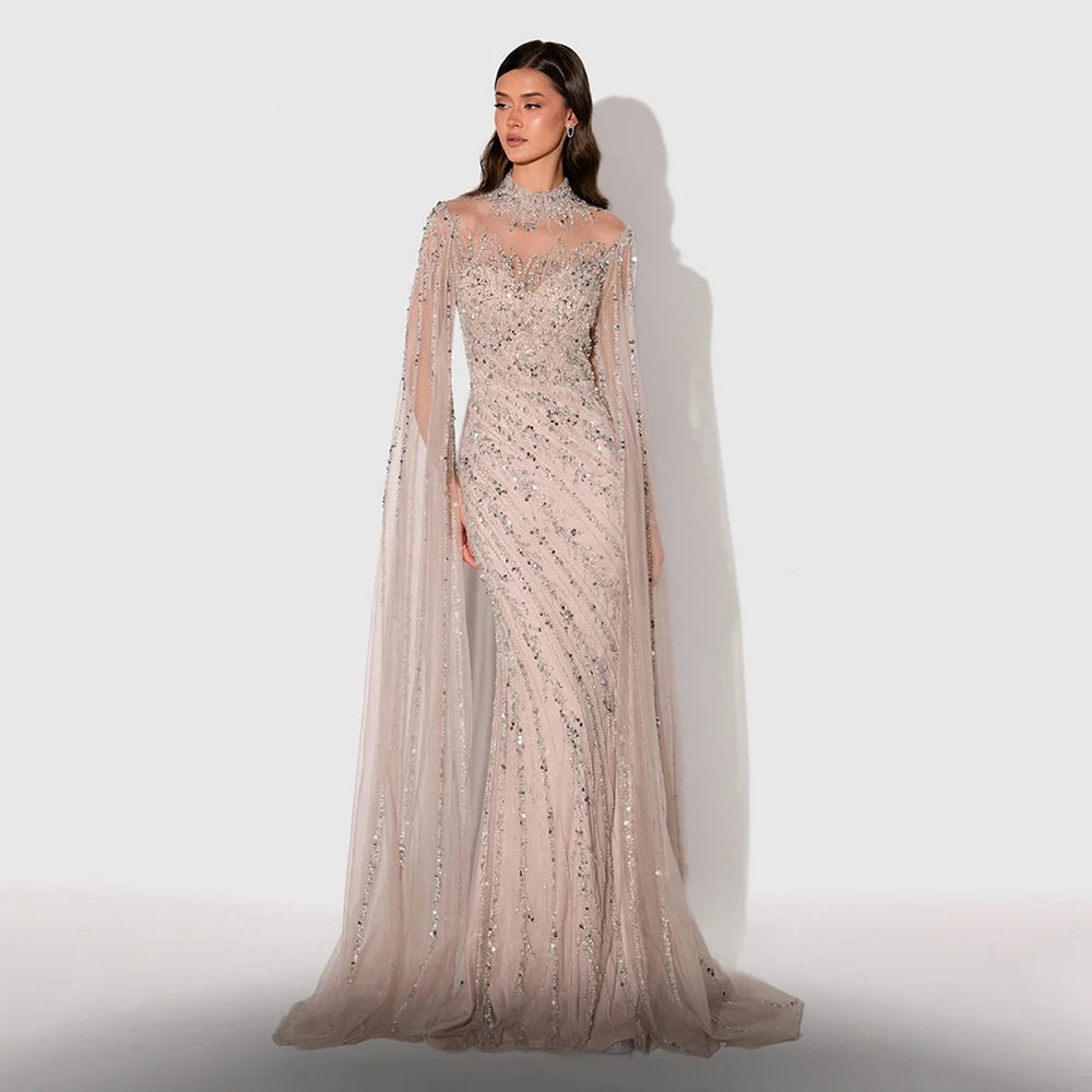 Luxury Beaded Mermaid Evening Gown | Cape Sleeve