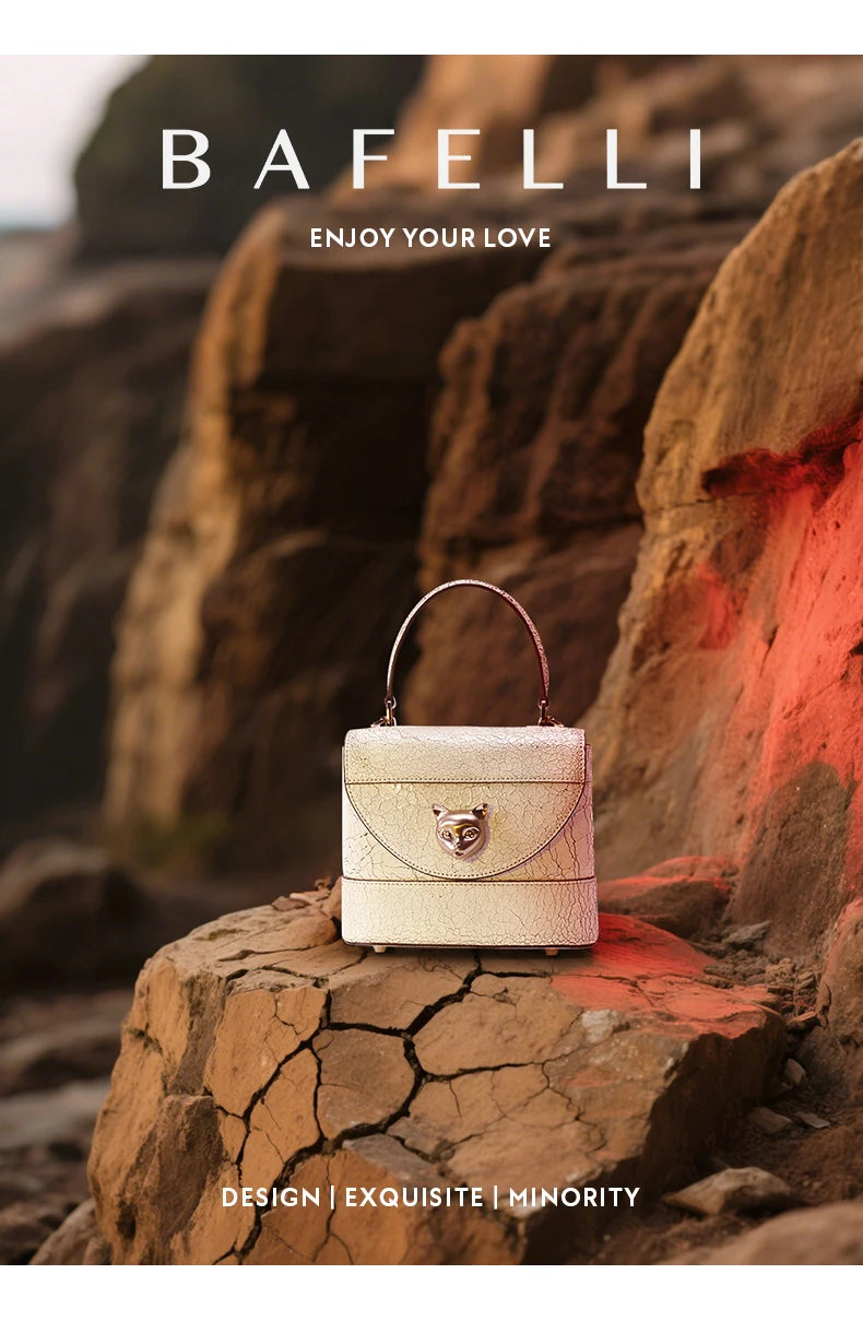 BAFELLI 2026 New Arrival: Unique Cracked Leather Shoulder Bag with Cat Head Design, Luxury Brand Mini Crossbody Bag