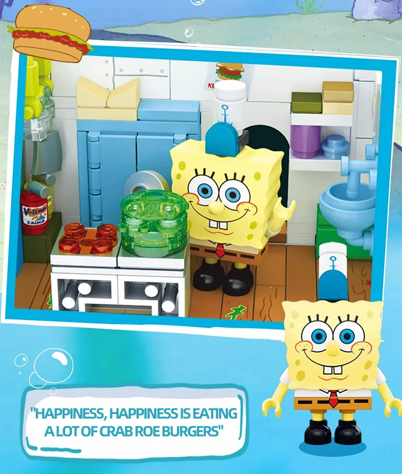 Spongebob Cartoon Krusty Krab Restaurant Building Blocks Creative Canteen Scenes Model Bricks Desktop Ornaments Fans Toys Gifts
