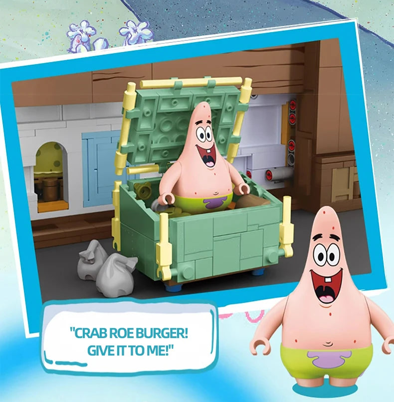 Spongebob Cartoon Krusty Krab Restaurant Building Blocks Creative Canteen Scenes Model Bricks Desktop Ornaments Fans Toys Gifts