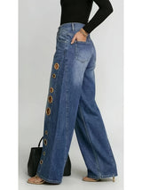 Wide-Leg Metallic Eyelet Jeans – High-Waist Denim