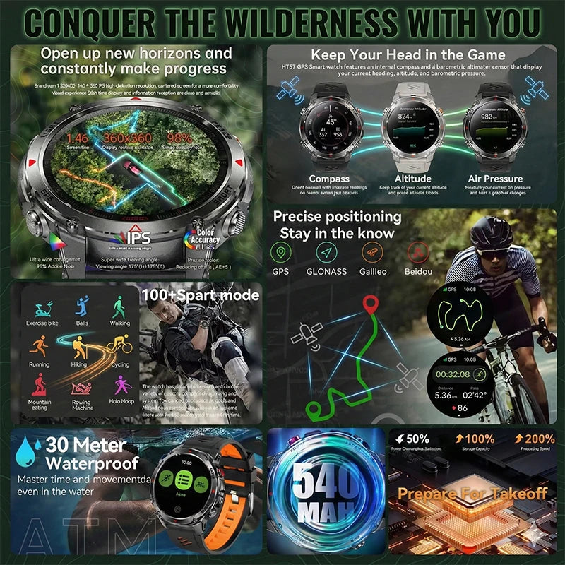 2026 New Military Bluetooth Call Smart Watch Built-in GPS Compass Barometric Altimeter 10ATM Waterproof Sports Smartwatches Men