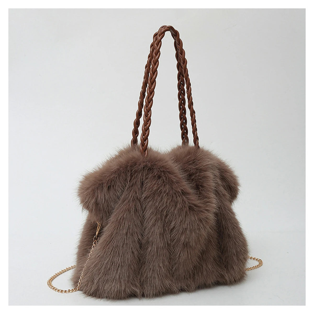 Plush Pleated Faux Fur Large Tote – High-End Crossbody with Metal Chain