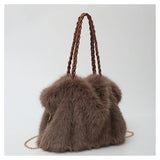 Plush Pleated Faux Fur Large Tote – High-End Crossbody with Metal Chain
