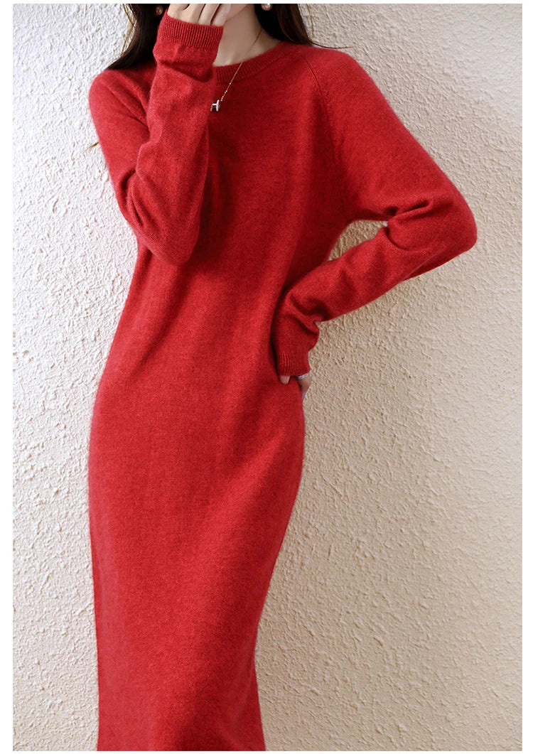 100% Merino Wool Long-Sleeve Midi Sweater Dress