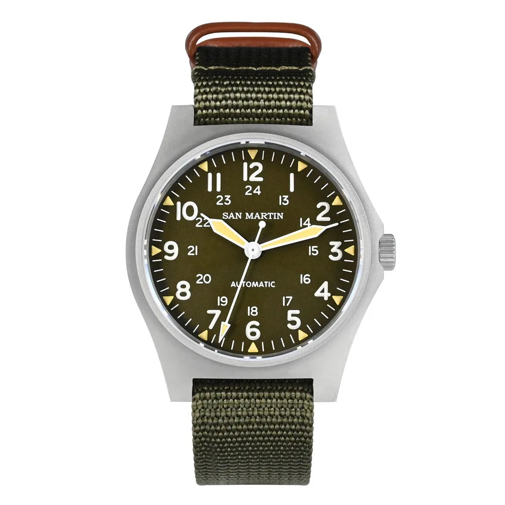 San Martin Pilot Watch 38mm NH35 Retro Military Automatic Mechanical Wristwatch Bead Blasted Case Waterproof 100m SN0137