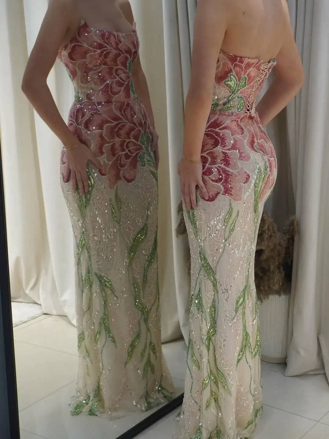 Embroidered Floral Sequin Mermaid Gown with Detachable Shawl