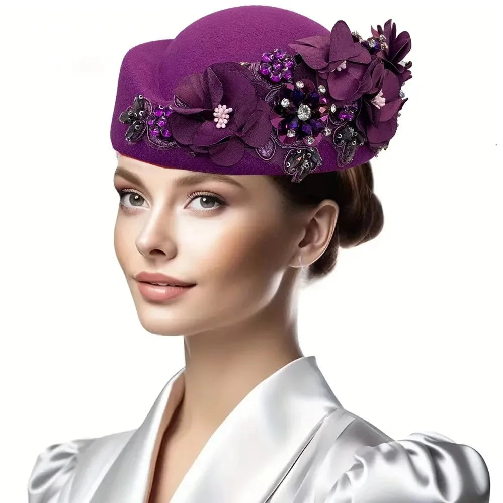 Beret Hats for Women British Felt hat stewardess Church Derby Headdress Women's Floral hat Suitable for Wedding Parties Events