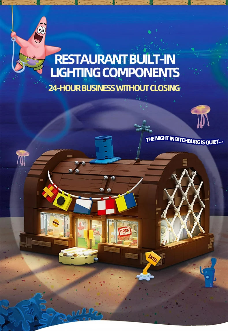 Spongebob Cartoon Krusty Krab Restaurant Building Blocks Creative Canteen Scenes Model Bricks Desktop Ornaments Fans Toys Gifts