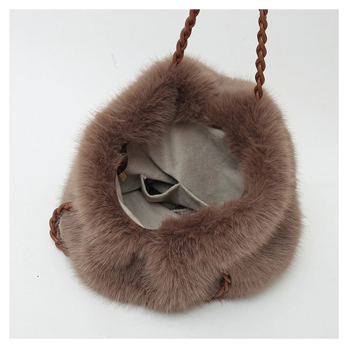 Plush Pleated Faux Fur Large Tote – High-End Crossbody with Metal Chain