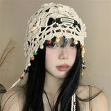 Bohemian tassel hand-knitted toe hat women's ethnic style vacation INS special beanies sweet cut-out versatile pullover hat