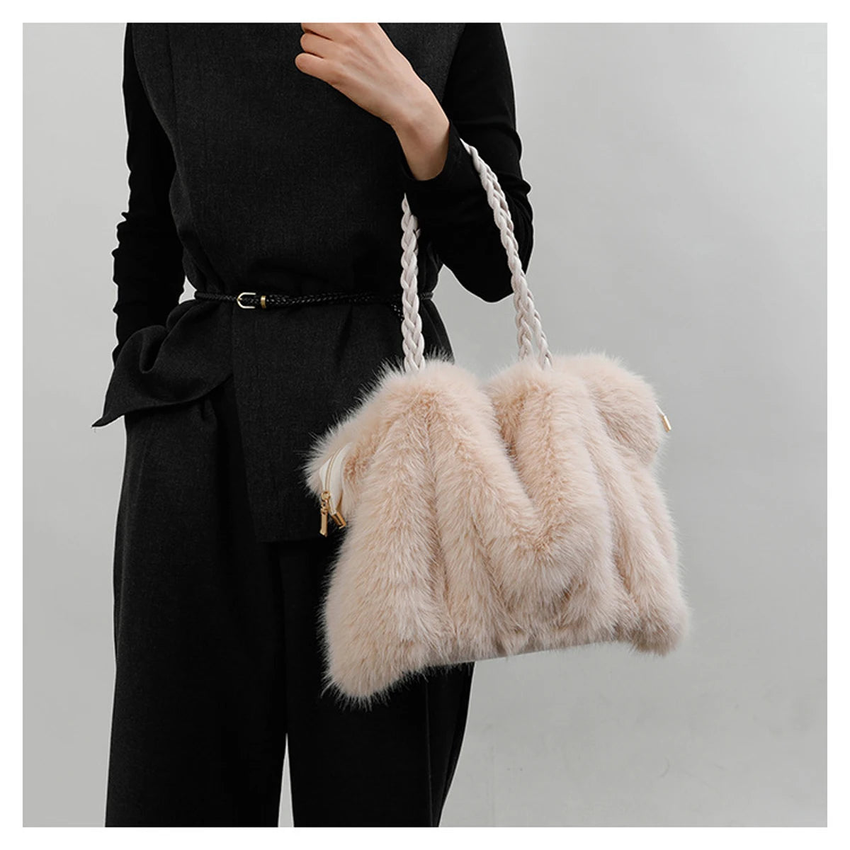 Plush Pleated Faux Fur Large Tote – High-End Crossbody with Metal Chain