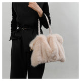 Plush Pleated Faux Fur Large Tote – High-End Crossbody with Metal Chain
