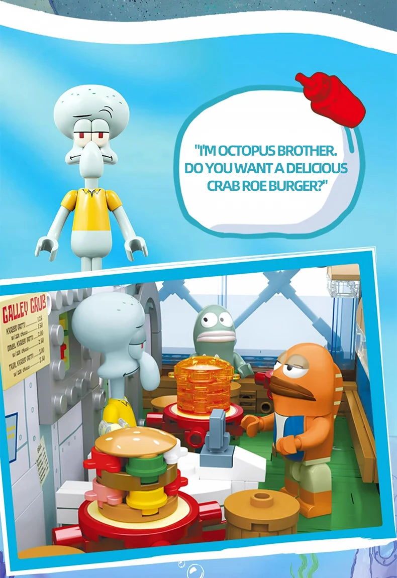 Spongebob Cartoon Krusty Krab Restaurant Building Blocks Creative Canteen Scenes Model Bricks Desktop Ornaments Fans Toys Gifts