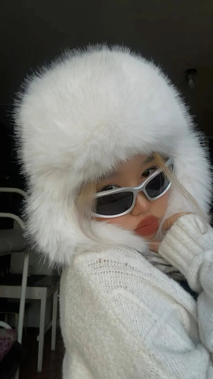 INS Fashion Faux Fur pilot Hat Bomber hat women ski cap winter hat faux fur Trapper hat thickened warm шапка ушанка