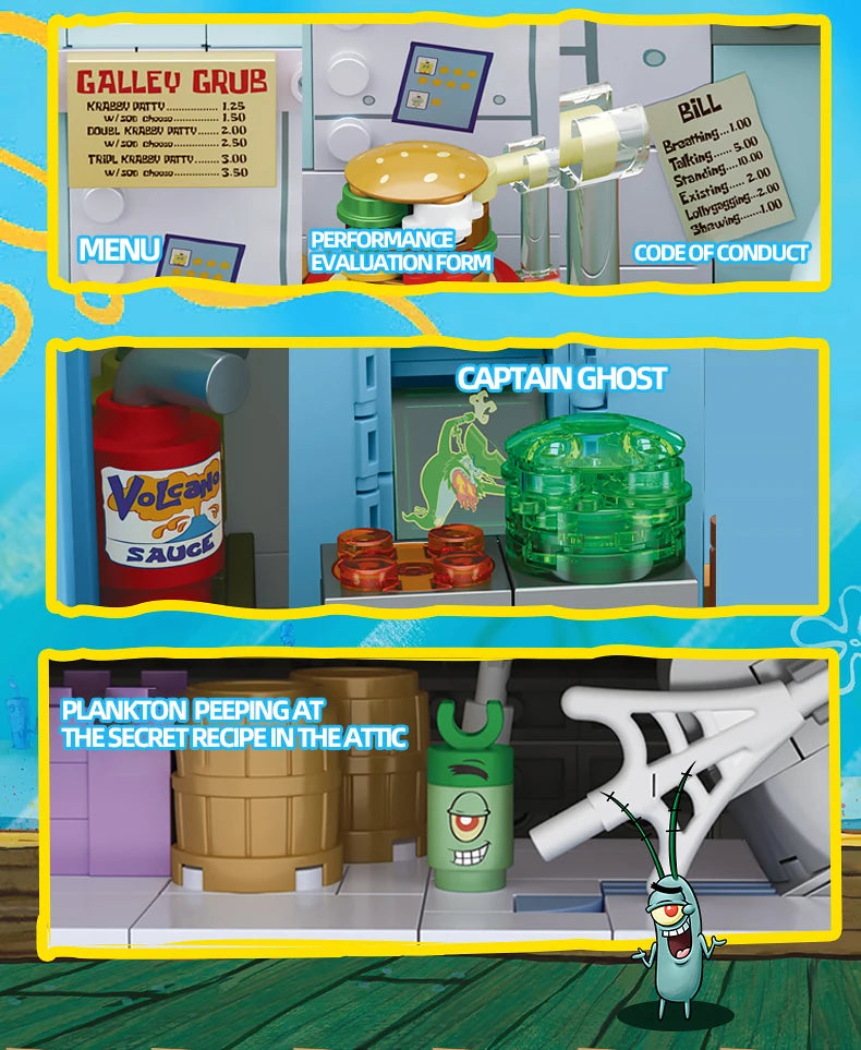 Spongebob Cartoon Krusty Krab Restaurant Building Blocks Creative Canteen Scenes Model Bricks Desktop Ornaments Fans Toys Gifts