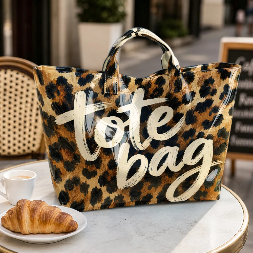 Retro Leopard Print Tote Bag with Zipper Pocket